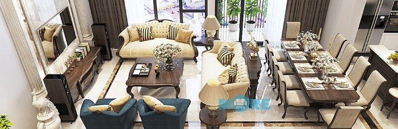Bộ Sofa tân cổ điển cùng với bàn trà, kệ ti vi và bộ bàn ghế ăn sẽ làm nên một cảnh hoàn hảo cho cả phòng khách chung cư lẫn nhà riêng.