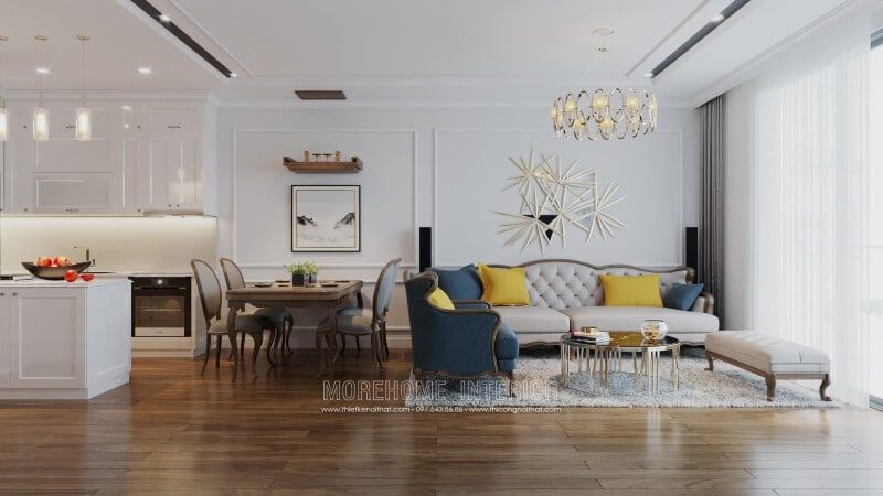 Chung cư Metropolis, Hà Nội đã thiết kế và sản xuất Sofa tân cổ điển gỗ tự nhiên, bọc nỉ nhập khẩu cao cấp tinh tế.